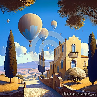 A landscape from the Mediterranean region featuring balloons. AI Stock Photo