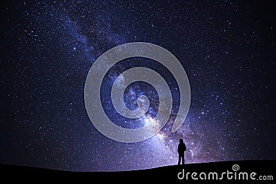 Landscape with milky way galaxy, Starry night sky with stars and Stock Photo