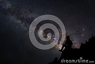 Landscape with milky way, Night sky with stars and silhouette of Stock Photo