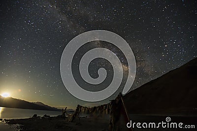 Landscape with Milky Way at Pangong Tso , Long exposure photograph. Stock Photo