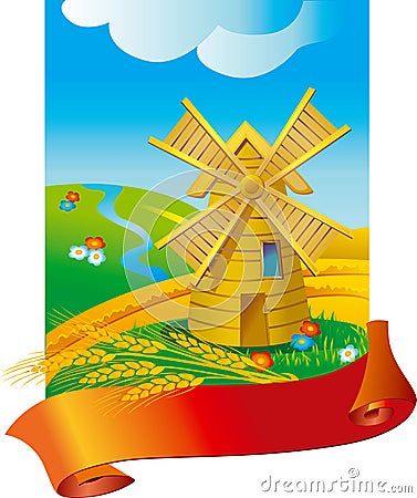 Landscape with mill and ears Vector Illustration