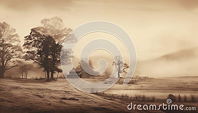 landscape misty morning in the forest beautiful and stunning vintage style sepia color Stock Photo