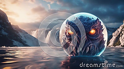 landscape with moon highly intricately photograph of demon monster head on white background. inside glass orb Stock Photo