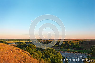 Landscape of the moon, trees, field, river, valley Stock Photo