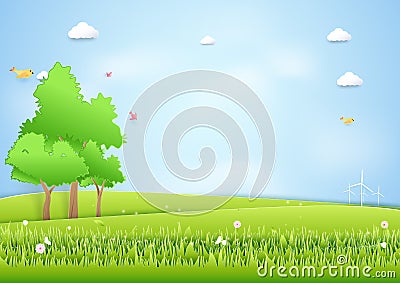 Landscape Mound and birds background. Paper art art craft style Vector Illustration