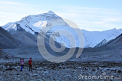 Landscape of Mount Everst with travelers in front Editorial Stock Photo
