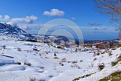 Landscape in Mount Lebanon in winter Kfardebian natural landscape with ancient greec temple Stock Photo