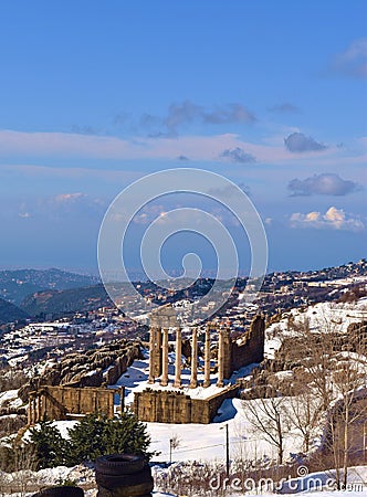 Landscape in Mount Lebanon in winter. View of greec antic temple in Kfardebian Stock Photo