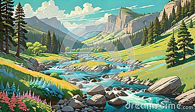 Landscape mountain flower rocky flowing river high cliffs Cartoon Illustration