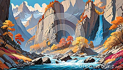 Landscape mountain flowers cliff waterfall river autumn color Cartoon Illustration