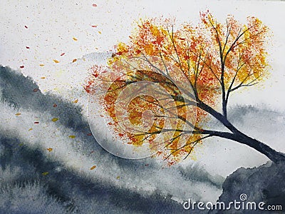 Landscape mountain fog maple tree stand alone and leaf falling to the wind in autumn season. traditional oriental ink a Stock Photo