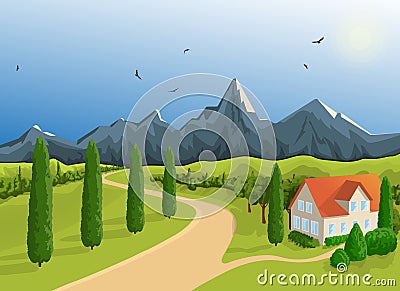 Landscape Mountain House Vector Illustration