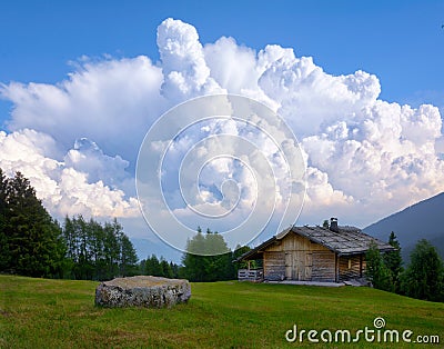 Landscape of the mountain hut. Summit house view. Mountain hut in summer. Deciduous mountain view Stock Photo