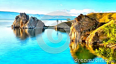 Landscape of a mountain lake. Steep coast and rocks in the distance Stock Photo