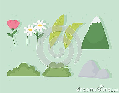 Landscape mountain leaf flower bush stone icons green background Vector Illustration