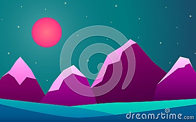 Landscape mountain meadow red moon night fantasy Vector Illustration