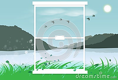 Landscape mountain outside mirror flat interior design showing g Vector Illustration