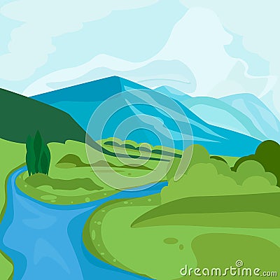 Landscape with Mountain Peaks and River Vector Illustration