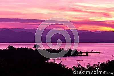 Landscape mountain range and purple sky at the sunset Stock Photo