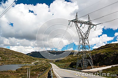 Landscape with mountain road and high voltage reliance line, Norway Stock Photo