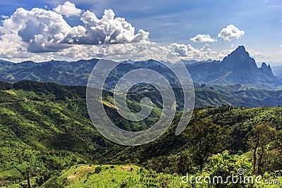 Landscape of Mountain and road at Phou Khoun, Laos Stock Photo