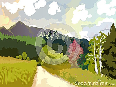 Landscape of mountain rocks, forests, glades with flowers and birches. Image of nature and environment vector Vector Illustration