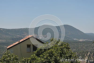 Landscape of mountains and a building in the mystical city of Tzfat Israel Stock Photo