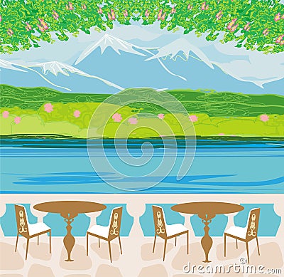 Landscape with mountains and cafe tables Vector Illustration