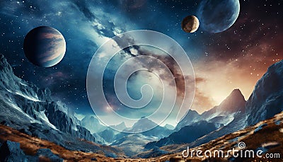 landscape with mountains and clouds with a view of space planet stars and milky way Stock Photo