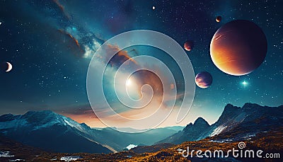 landscape with mountains and clouds with a view of space planet stars and milky way Stock Photo