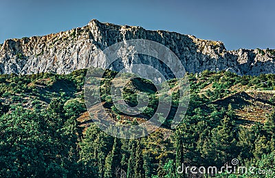 Landscape of mountains and coniferous forests. Located at Ukraine, Crimea Stock Photo