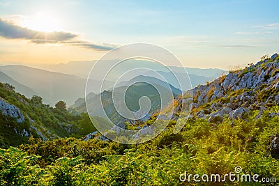 Landscape with mountains in the evening sunsent at Picos de Europa Stock Photo