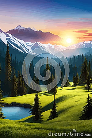 Landscape of mountains and green hills. Summer nature landscape with rocks, forest, grass, sun, sky and clouds. Vector Illustration