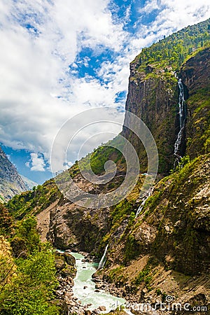 Landscape Mountains Hiking Himalayas.Beautiful View Waterfalls End Summer Season Background.Green Threes Cloudy Blue Sky Stock Photo