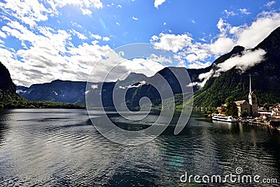 Landscape of mountains, lake and houses in Hallstatt Editorial Stock Photo