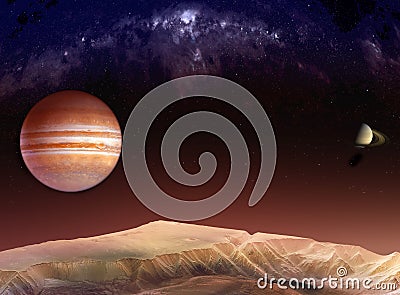Landscape in the mountains of Mars with a view of Jupiter and Saturn among the Milky Way Stock Photo