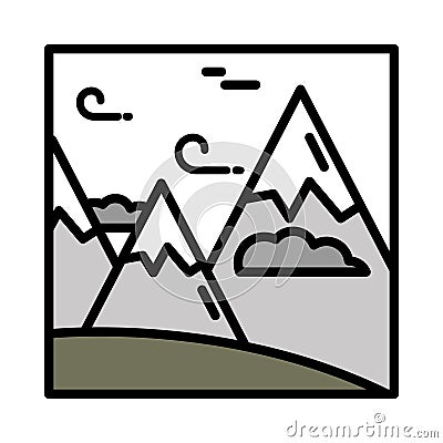 Landscape mountains peak wind clouds sky cartoon line and fill style Vector Illustration