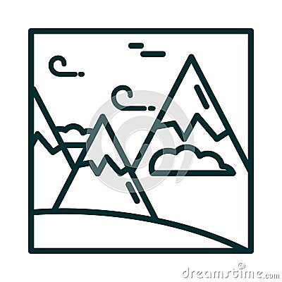 Landscape mountains peak wind clouds sky cartoon line icon style Vector Illustration