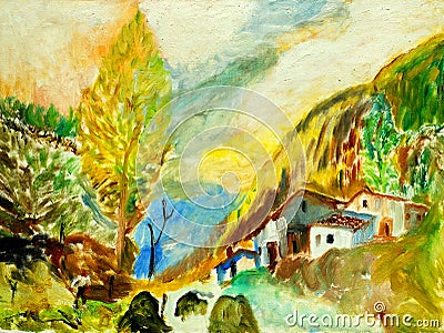 Landscape in mountains Pyrenees, painting Cartoon Illustration