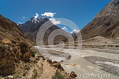 Landscape of mountains and river in K2 base camp trekking, Karakoram mountains range in Gilgit Baltistan, Pakistan Stock Photo