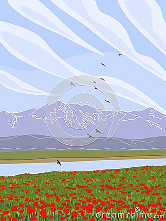 Landscape with Mountains, River, Poppy Field and Flying Birds Vector Illustration