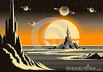 Landscape with mountains and sci-fi castle on far planet. Retro futuristic sunrise in 80s atomic era style. Vector Illustration