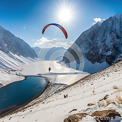 Landscape with mountains with snow, a paraglider flies in the air. Generative AI Stock Photo