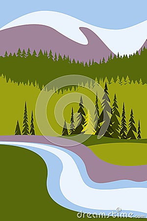 Landscape with mountains and snowy peaks, a river and trees. Poster for tourism with the natural environment, national parks, clea Vector Illustration