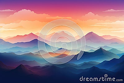Landscape with mountains and sunset. Vector illustration. Eps 10, Enchanting mountain range with vibrant color gradient peaks, AI Cartoon Illustration