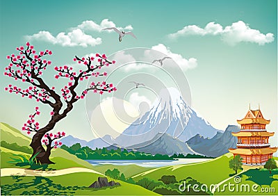 Landscape nature Japan this morning. Vector Illustration