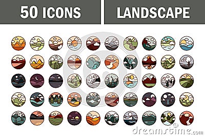 Landscape nature mountains ocean and forest in circle icons set line and fill icon Vector Illustration