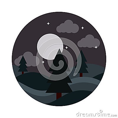 Landscape nature night moon stars sky pine trees flat style icon Vector Illustration