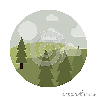 Landscape nature pine trees forest field sun clouds flat style icon Vector Illustration