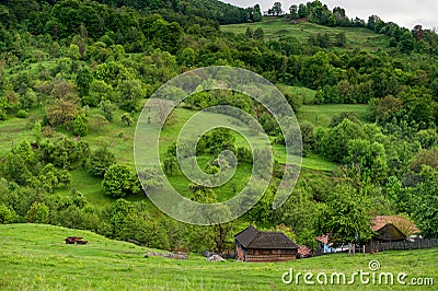 Landscape Nature in Romania. Mountain and Cloudy Sky. Lonely House in Nature. Stock Photo